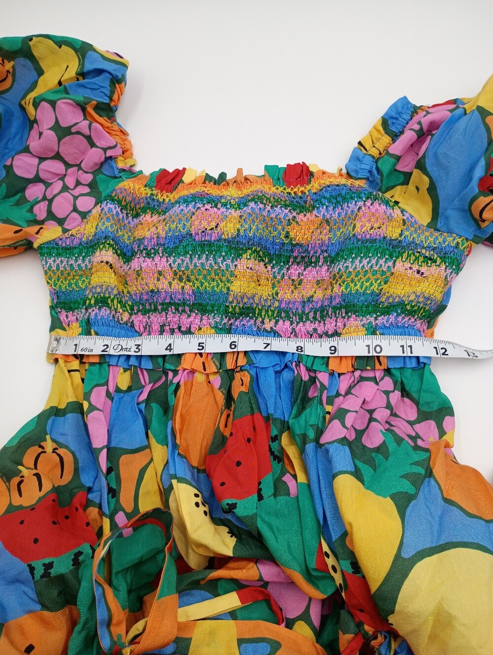 FARM Rio Multicolor Fruit Landscape Smocked Puff Sleeve Midi Dress Size Medium - Picture 12 of 14